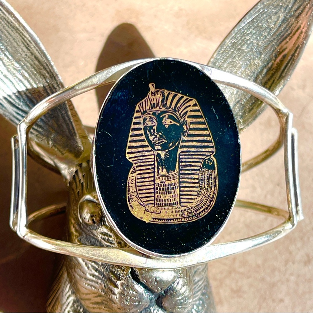 RARE Vintage Black Glass w Gold Foil Egyptian King Tut Sterling Silver Bracelet